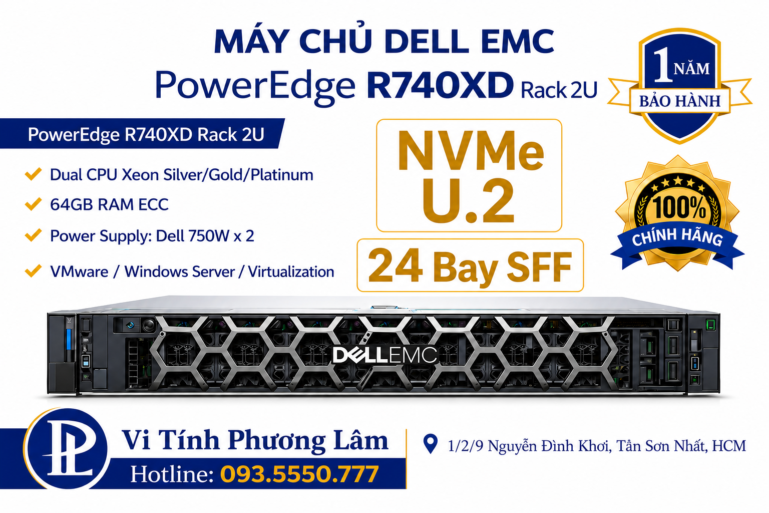 DELL EMC PowerEdge R740XD | 24 Bay SFF | Dual Xeon Platinum 8269CY (52 Core / 104 Threads) | Ram ECC 128Gb | Rack 2U